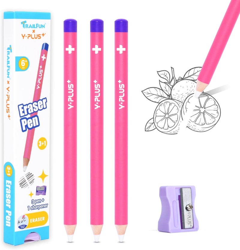 trailfun Pen Style Eraser Eraser Pen, 3 Pcs Eraser Pen with Sharpener, Sharpenable Eraser Stick, School Art Supplies for Kids Artist Adult-Pink - Image 1